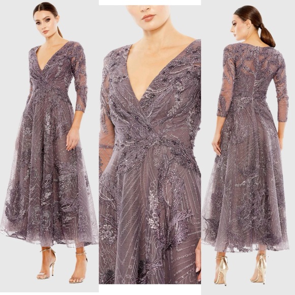 Mac Duggal - Aubergine Embellished Wrap Over 3/4 Sleeve Dress Size 18 - Picture 17 of 17